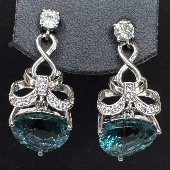 Sterling Silver DK Blue Topaz Elegant Bow Drop Earrings Statement Pierced Vtg - Picture 2 of 7